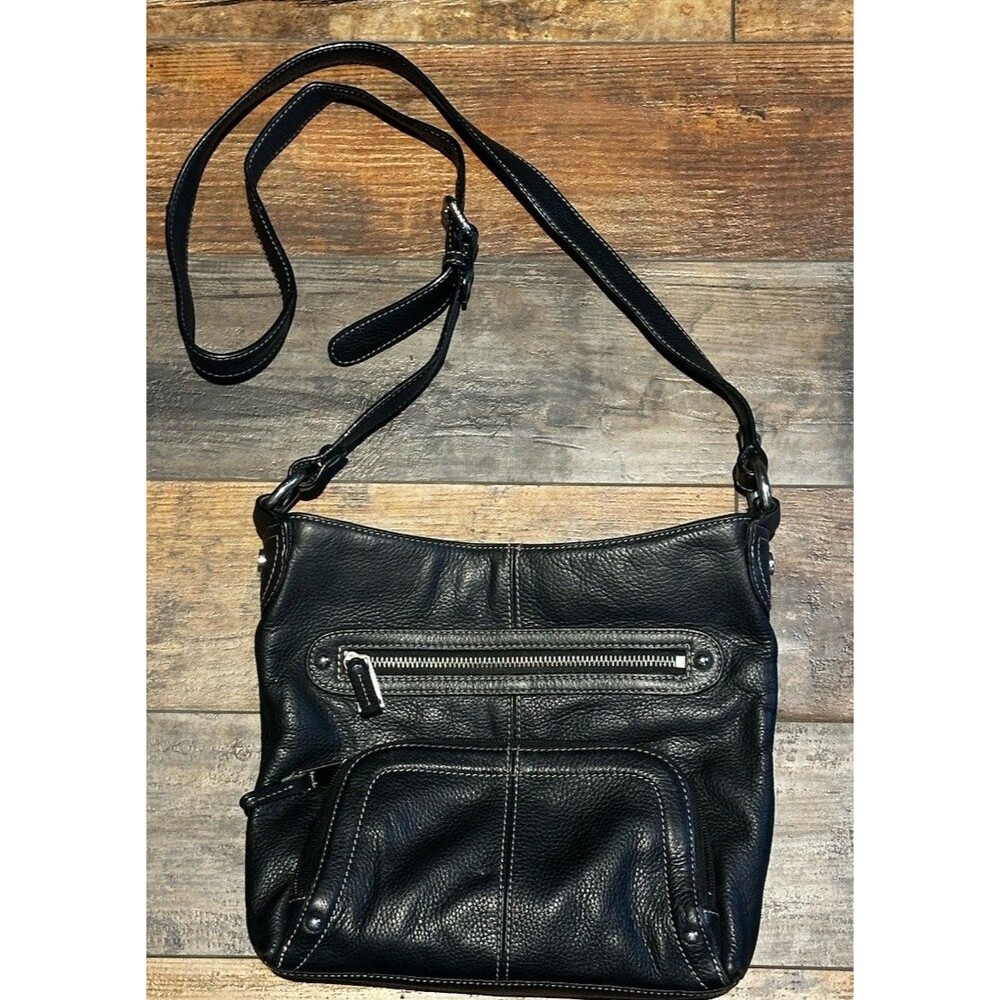 Tignanello Shoulder Bag Black Pebbled Leather Multi-Pocket Classic Office Purse